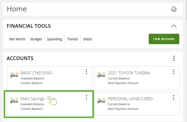 Screenshot of the Online Banking account dashboard with "Main Savings" tile indicated.