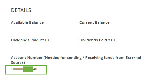 Screenshot of the Main Savings Account information in Online Banking that indicates where to find the full account number